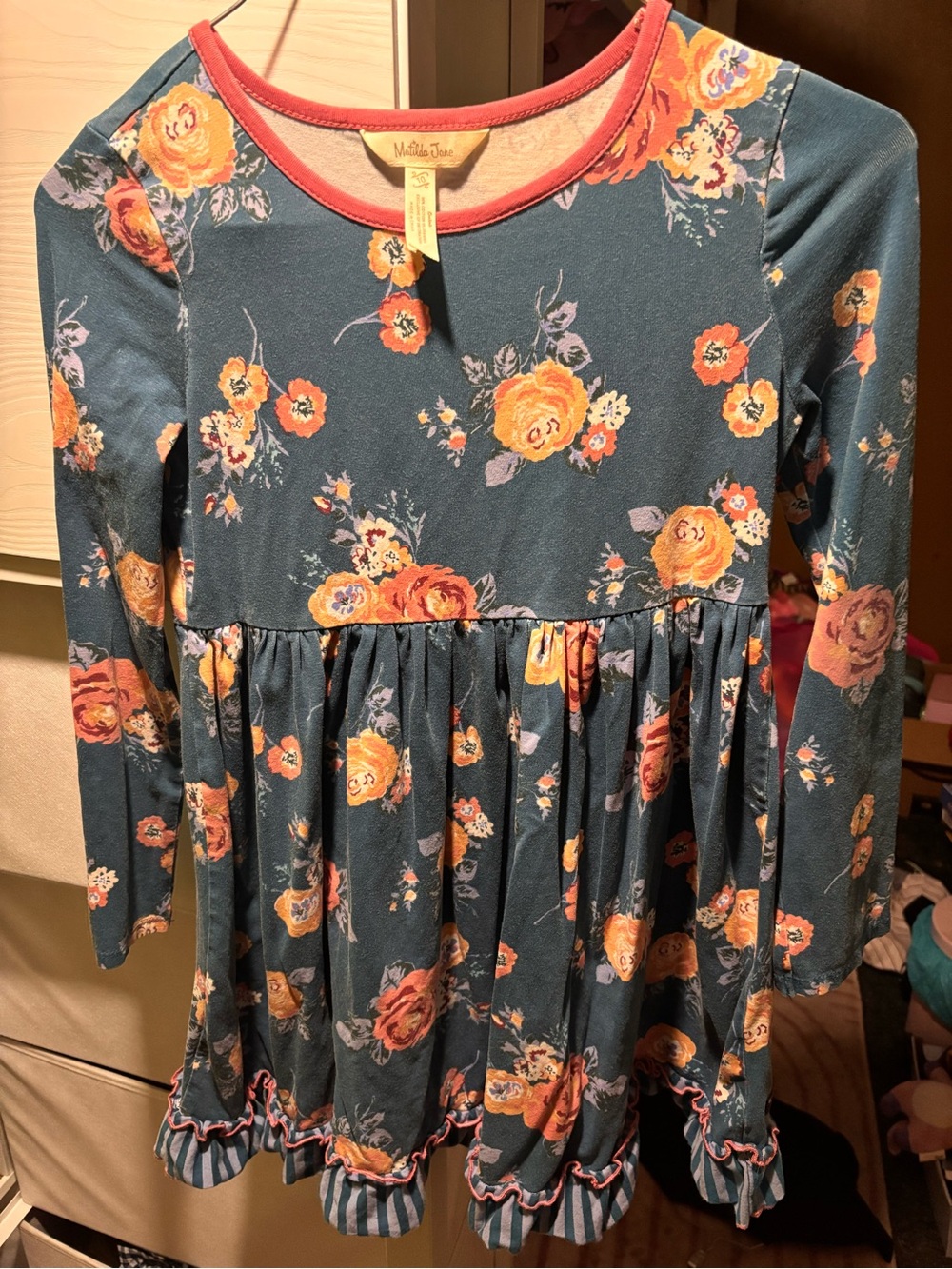 Matilda Jane Teal Floral Long-Sleeve Dress with Coral Trim